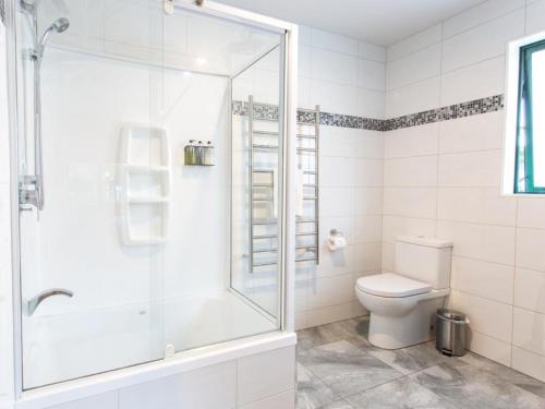 a bathroom with a shower and a toilet at Motueka Apartment in Motueka