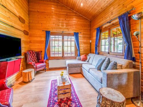 a living room with a couch and a tv at Chalet in Sougn Remouchamps near Ardennes Forest in Sougné-Remouchamps