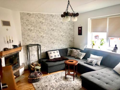 ein Wohnzimmer mit einem Sofa und einem Kamin in der Unterkunft Wind Rose apartment in Kuressaare