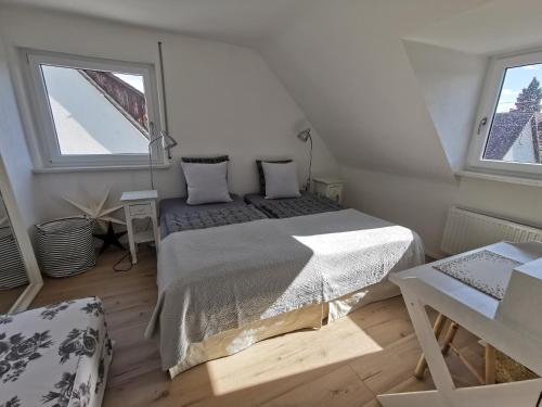 ein Schlafzimmer mit einem Bett und zwei Fenstern in der Unterkunft BodenSEE Apartment Friedrichshafen B 19 in Friedrichshafen