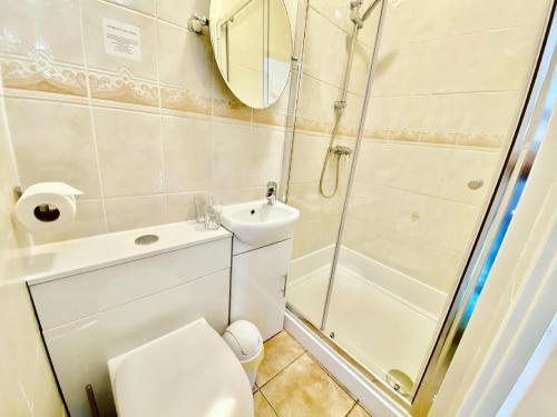 a bathroom with a shower and a toilet and a sink at The Shoulder of Mutton in Bradwell