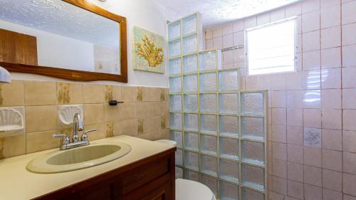 a bathroom with a sink and a toilet and a mirror at Moonlight Cottage in East End Village