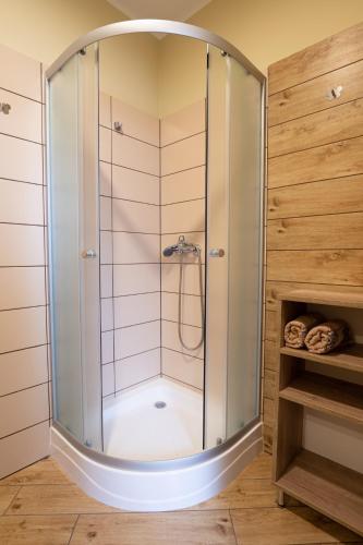 a shower with a glass enclosure in a bathroom at Pokoje Gościnne Butryny in Butryny