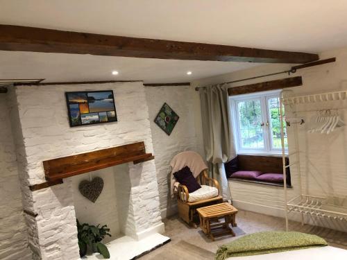 a living room with a stone fireplace and a window at Priory Cottage Bodmin in Bodmin