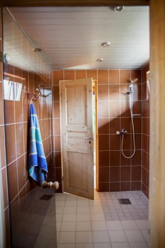 a bathroom with a shower and a toilet and a door at Kõveri Holiday Center in Kõveri