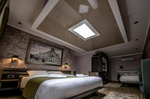 a bedroom with a large bed and a skylight at Hotel Novotheos in Oradea