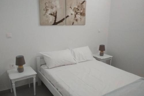 a bedroom with a white bed with two side tables at Sarakiniko in Agiassos