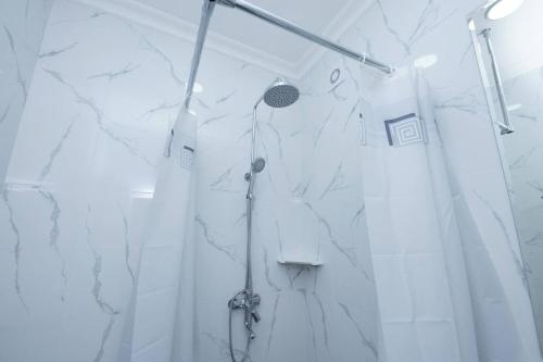a bathroom with a shower with marble walls at Halal Apart Hotel Almaty in Almaty