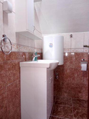 a bathroom with a white sink and a shower at Apartmani Bane in Kremna
