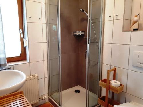 ein Badezimmer mit Dusche und Waschbecken in der Unterkunft Ferienwohnung Mönchgut 1 mit Wintergarten und Terrasse in Ostseebad Sellin