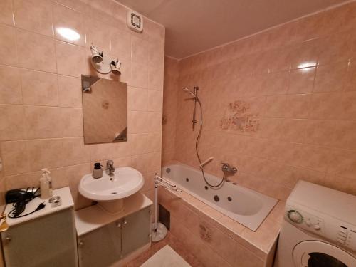 ein Badezimmer mit einem Waschbecken, einem WC und einer Badewanne in der Unterkunft Garden apartment in Sečovlje