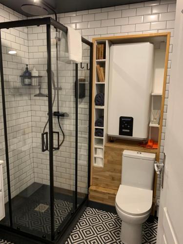 une salle de bain avec toilettes et douche dans l'établissement Un petit air de Manhattan Coeur de ville Room 1, à Clermont-Ferrand