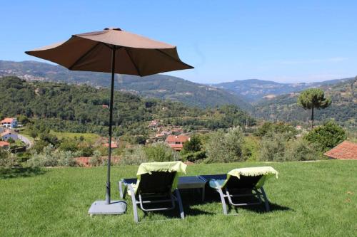 two chairs and a table with an umbrella in the grass at Casa de Campo - Cinfães do Douro in Cinfães