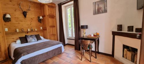 a bedroom with a bed and a fireplace at Hotel La Bonne Auberge in Saint-Martin-Vésubie