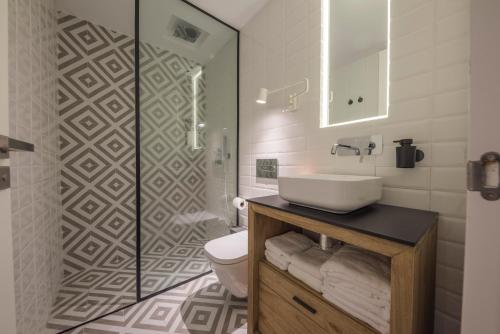 une salle de bain avec un lavabo, des toilettes et une douche dans l'établissement CHAYOFA SUITES, à Santa Cruz de Tenerife