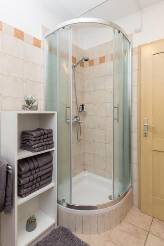 a shower with a glass door in a bathroom at Peaceful Rogla Apartment in Zreče