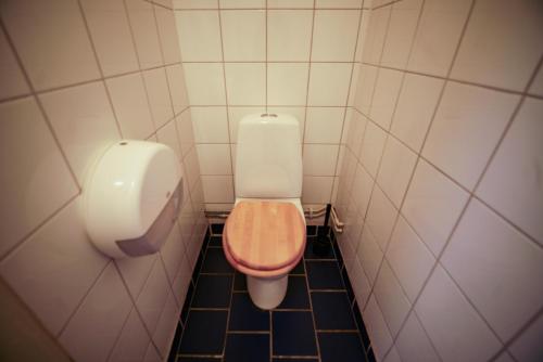 uma casa de banho com um WC cor-de-rosa e dois urinóis em Le Ski Lodge & Steakhouse em Storlien