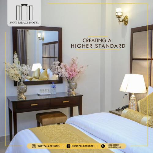 a bedroom with a mirror and a desk with a bed at Swat Palace Hotel By Northin in Mām Derai