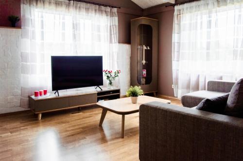 a living room with a tv and a couch and a table at Seaside Apartments Roja in Roja