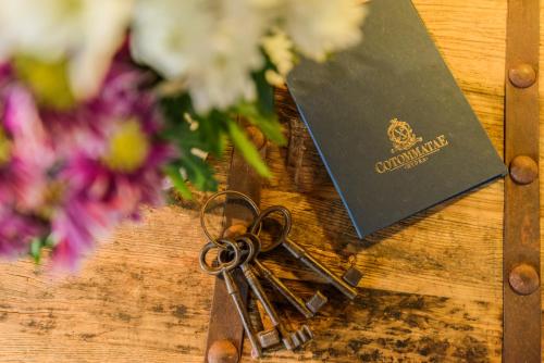 a bunch of flowers and a key next to a passport at Cotommatae Hydra 1810 in Hydra