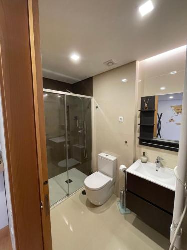 a bathroom with a toilet and a shower and a sink at Apartamento Milénio T2 in Arouca