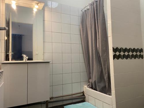 een badkamer met een douche, een wastafel en een spiegel bij L’Éphémère La Canebière in Marseille