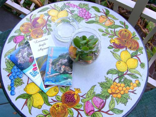 a table with a book and a plant on it at Locanda Degli Agrumi in Conca dei Marini
