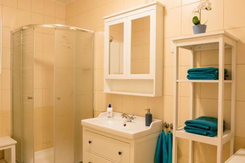 ein Badezimmer mit Waschbecken und Dusche in der Unterkunft #HelloCsopak in Csopak