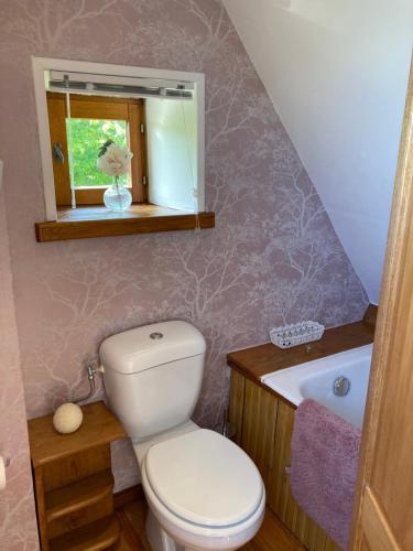 a bathroom with a toilet and a sink and a tub at The Gingerbread House Cottage in Beauficel