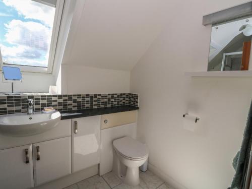 een badkamer met een toilet, een wastafel en een raam bij Upper Brackendale in Taynuilt