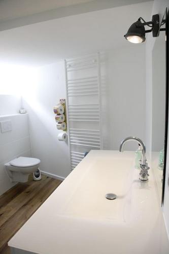 a white bathroom with a sink and a toilet at Inn66 Poolhaus in Amecke