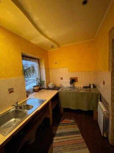 cocina con paredes amarillas, lavabo y ventana en Садиба у Попа en Lumshory