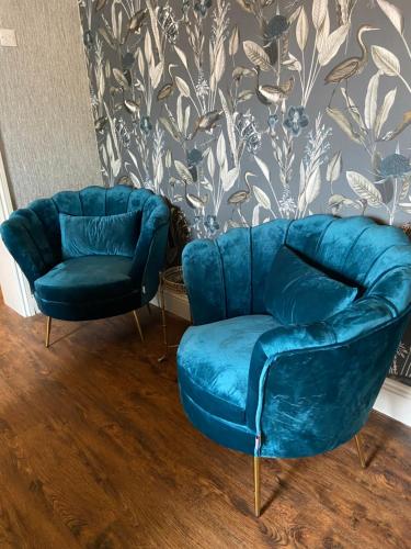 two chairs and a blue couch in a room at Dunedin Country House in Patrington