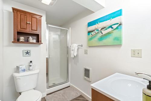 a bathroom with a shower and a toilet and a sink at Driftwood Waterfront Gem in Sandpoint