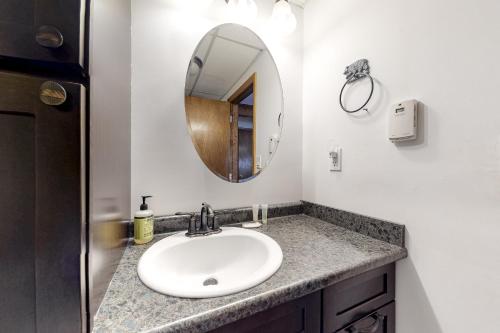 een badkamer met een wastafel en een spiegel bij Mount Washington Views in Bartlett