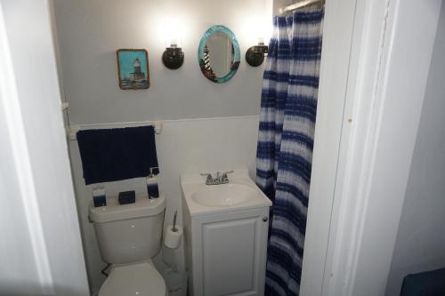 a small bathroom with a toilet and a sink at Charlevoix House - The Northside in Charlevoix