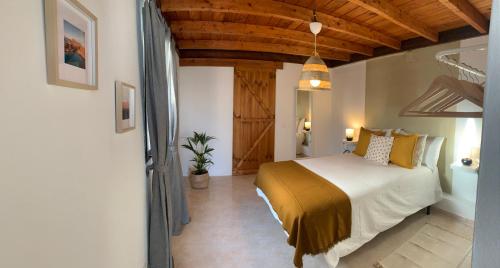 馬西尼古蒂的住宿－Apartamento meria playa blanca，一间卧室设有一张床和木制天花板