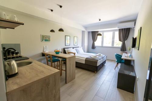 una cucina e un soggiorno con un letto in una camera di Kate Central Apartments a Ohrid