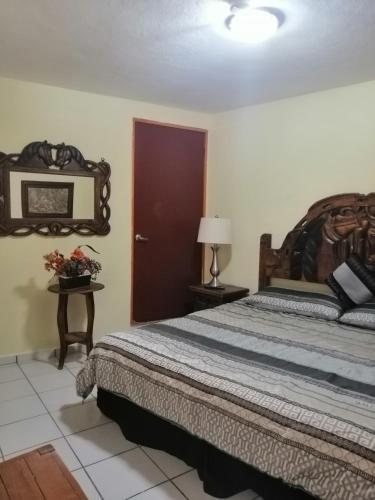 a bedroom with a bed and a mirror on the wall at Hotel Chely in Bernal