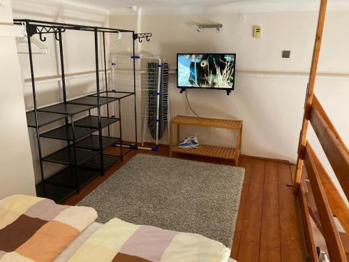 Halkoz Apartment في ديبريتْسين: غرفة نوم بسرير وتلفزيون على جدار