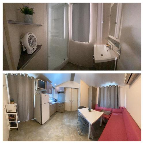 - deux photos d'une cuisine et d'un salon dans l'établissement Mobil home climatisé 6 personnes dans camping 3* Tohapi a BOOFZHEIM, à Boofzheim