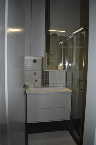 a white bathroom with a sink and a mirror at Apartmani Trklja in Trebinje