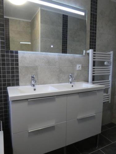 une salle de bain avec un lavabo blanc et un miroir dans l'établissement Gîte de la forge, à Trélévern
