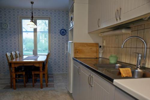 a kitchen with a table and a sink and a table and chairs at Pärus Fors in Lapväärtti