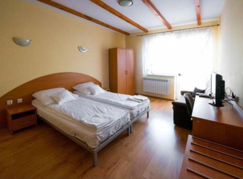 sypialnia z łóżkiem, biurkiem i telewizorem w obiekcie Pokoje Gościnne Barbara Wacławska w Iławie