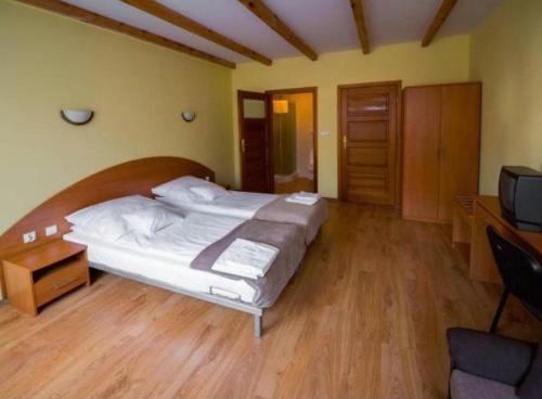 sypialnia z dużym łóżkiem i telewizorem w obiekcie Pokoje Gościnne Barbara Wacławska w Iławie