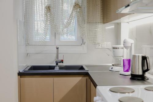 a kitchen with a sink and a counter top at Sunrise Apartment in Paleo Tsifliki