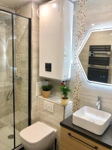 une salle de bain avec toilettes, lavabo et douche dans l'établissement Cosy Deluxe - Deauville centre, à Deauville