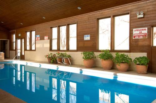 a swimming pool with potted plants in a building at Fort Marcy Suites in Santa Fe