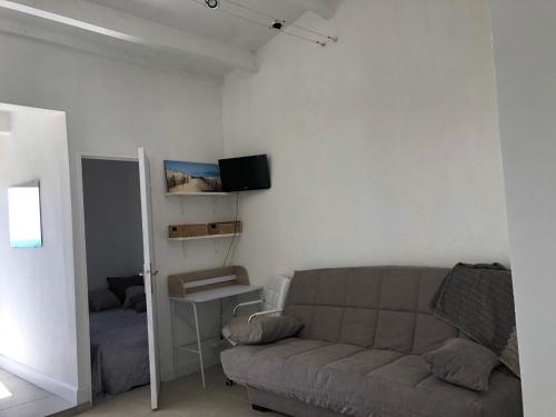 un salon avec un canapé et une télévision dans l'établissement Appartement en 1ère ligne, au Cap d'Agde